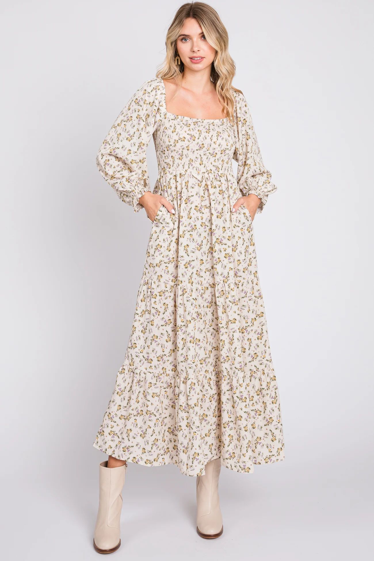 Cream Floral Smocked Long Sleeve Maxi Dress | PinkBlush Maternity
