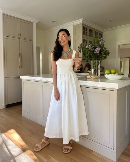 Kat Jamieson wears a white midi dress, raffia sandals and a turquoise necklace from Jennifer Behr x Julia Berolzheimer collection. Turquoise jewelry, summer outfit, spring outfit, date night. 

#LTKShoeCrush #LTKSeasonal #LTKItBag