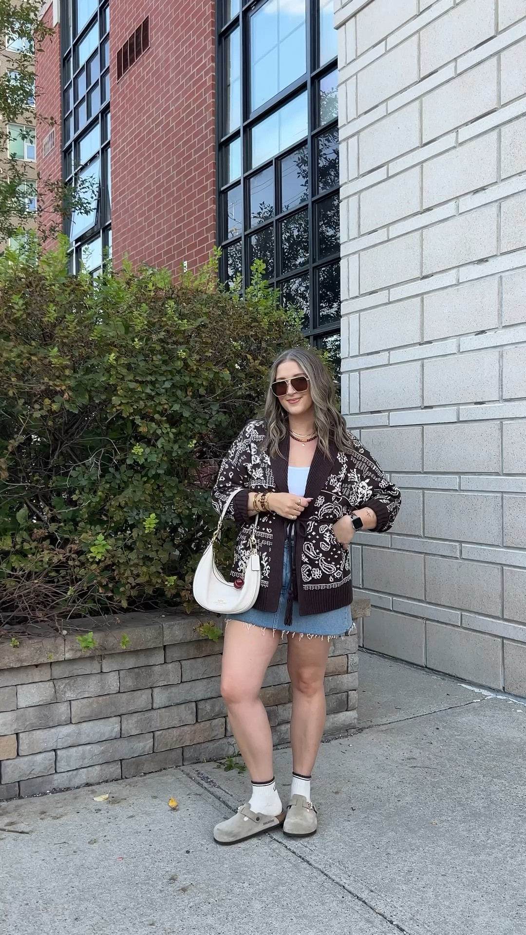 Fall outfit from Abercrombie on sale! Wearing L in the bandana print cardigan (not itchy at all!). Wearing M in the bra free tank top. I bought this denim skirt last year in a size 32, would do a 31 if I was purchasing now. I wear a 30 in A&F 90s relaxed jeans for reference! I’m a 9.5-10 shoe and wear a 40 in the Birkenstock clogs

#LTKfall #LTKmidsize #LTKstyletip