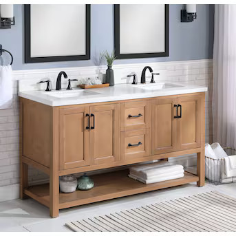 allen + roth  Harwood 60-in Natural Undermount Double Sink Bathroom Vanity with White and Gray Q... | Lowe's