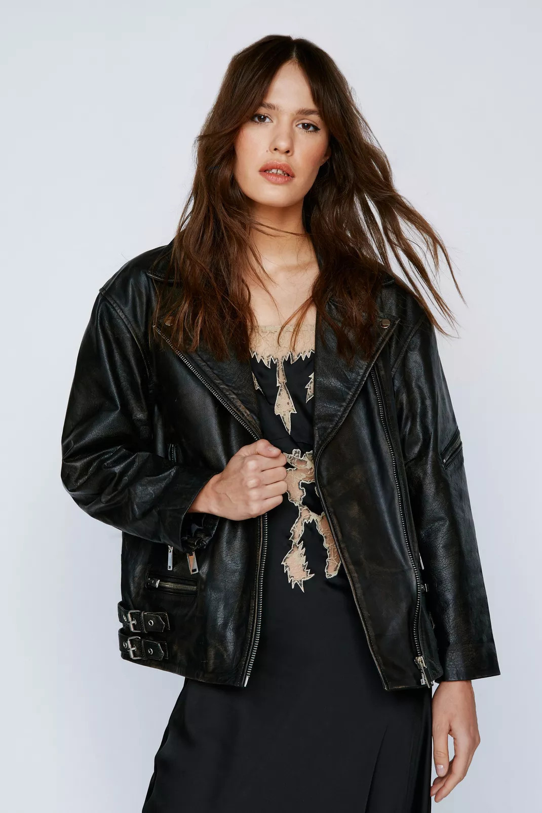 Real Leather Oversized Zip Detail Moto Jacket | Nasty Gal (US)
