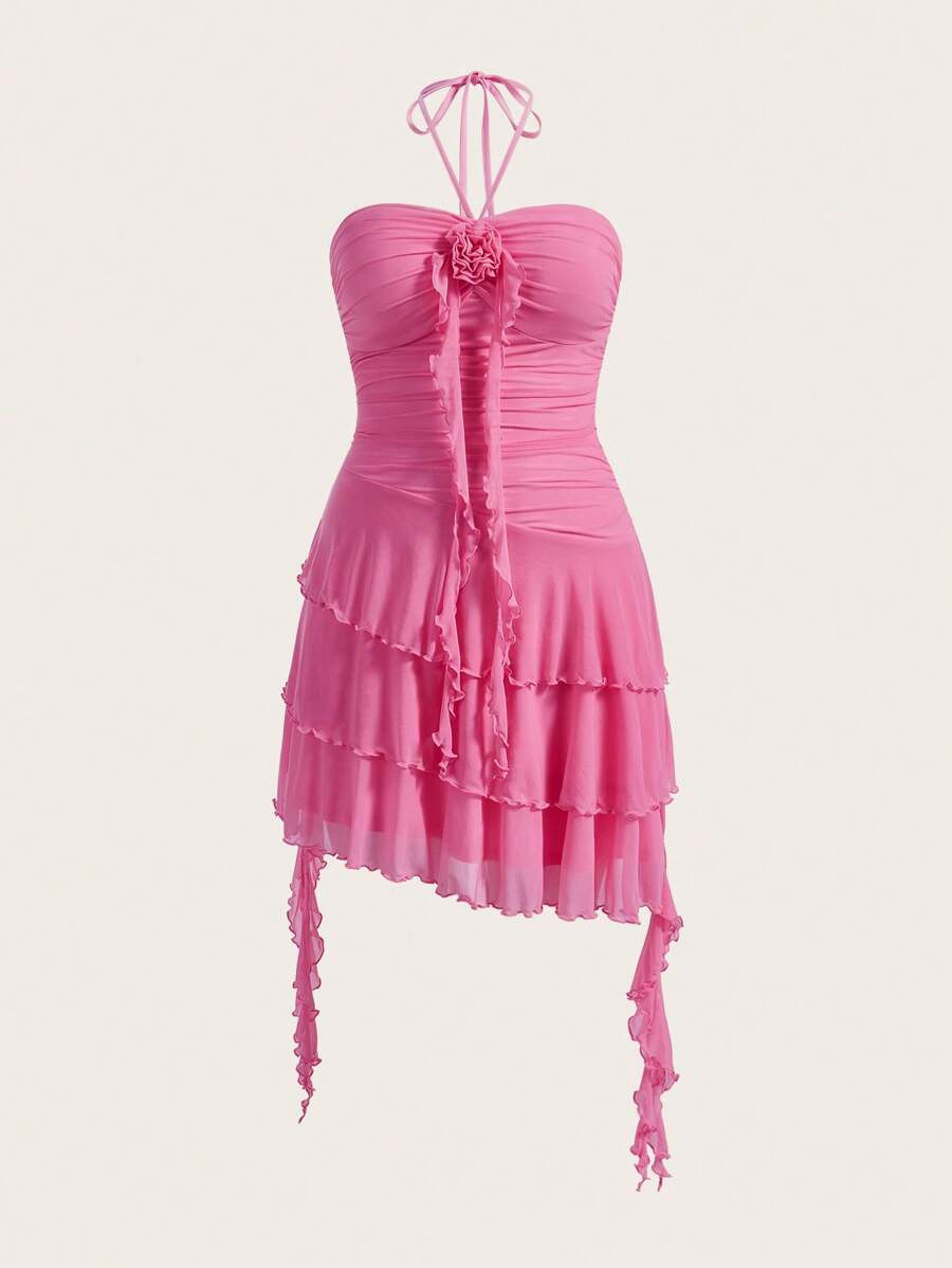 SHEIN MOD Pink Sweet Vacation Style 3D Flower Print Dress With Ruffle Hem | SHEIN