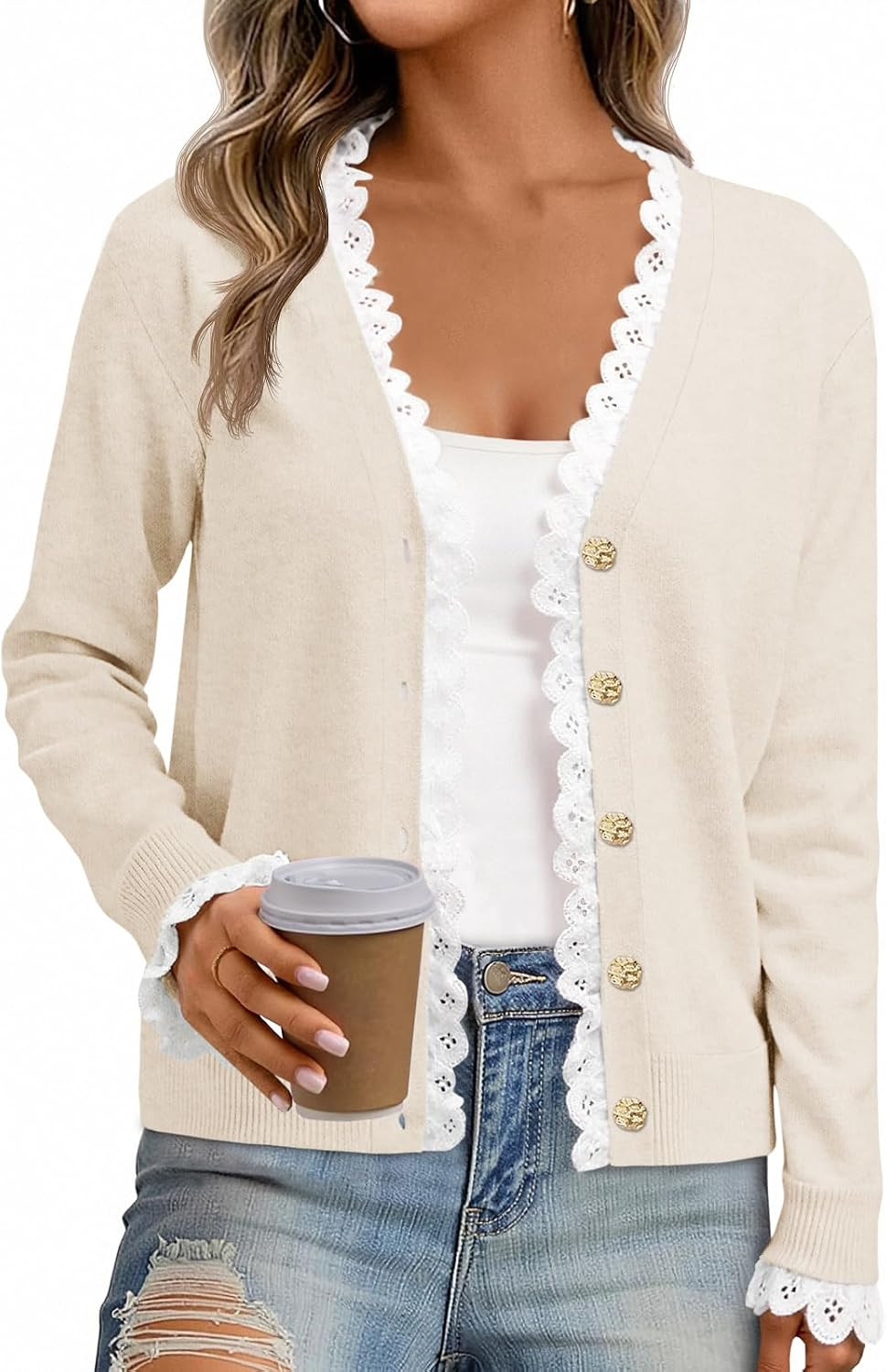 Cicy Bell Womens Lace V Neck Cardigan Sweaters Button Down Long Sleeve Knit Tops Fall Trendy Lightweight Open Front Sweater | Amazon (CA)