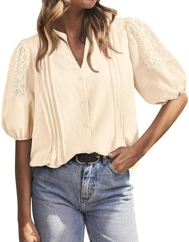 BTFBM Women's Lace Puff Sleeve Tops 2025 Summer V Neck Casual Button Down Shirts Loose Dressy Wor... | Amazon (US)