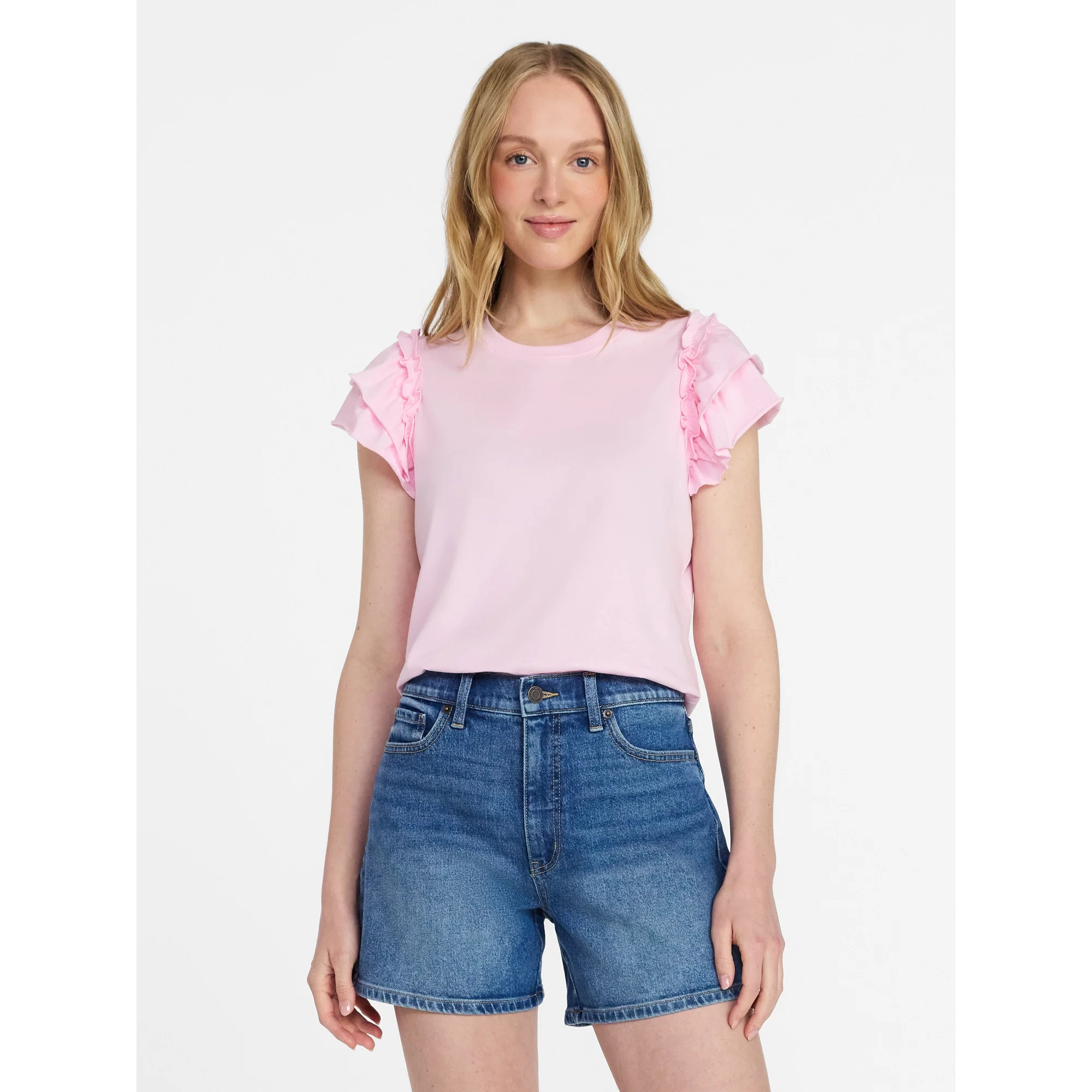 Time and Tru Women's Cotton Crewneck Tee with Ruffle Flutter Sleeves, Sizes XS-XXXL | Walmart (US)