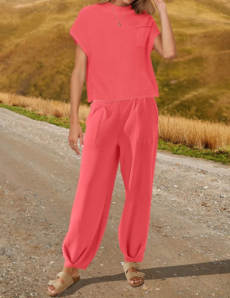 ZESICA Women's 2 Piece Outfits Sweater Set Short Sleeve Mock Neck Knit Pullover Top High Waist Pant  | Amazon (US)