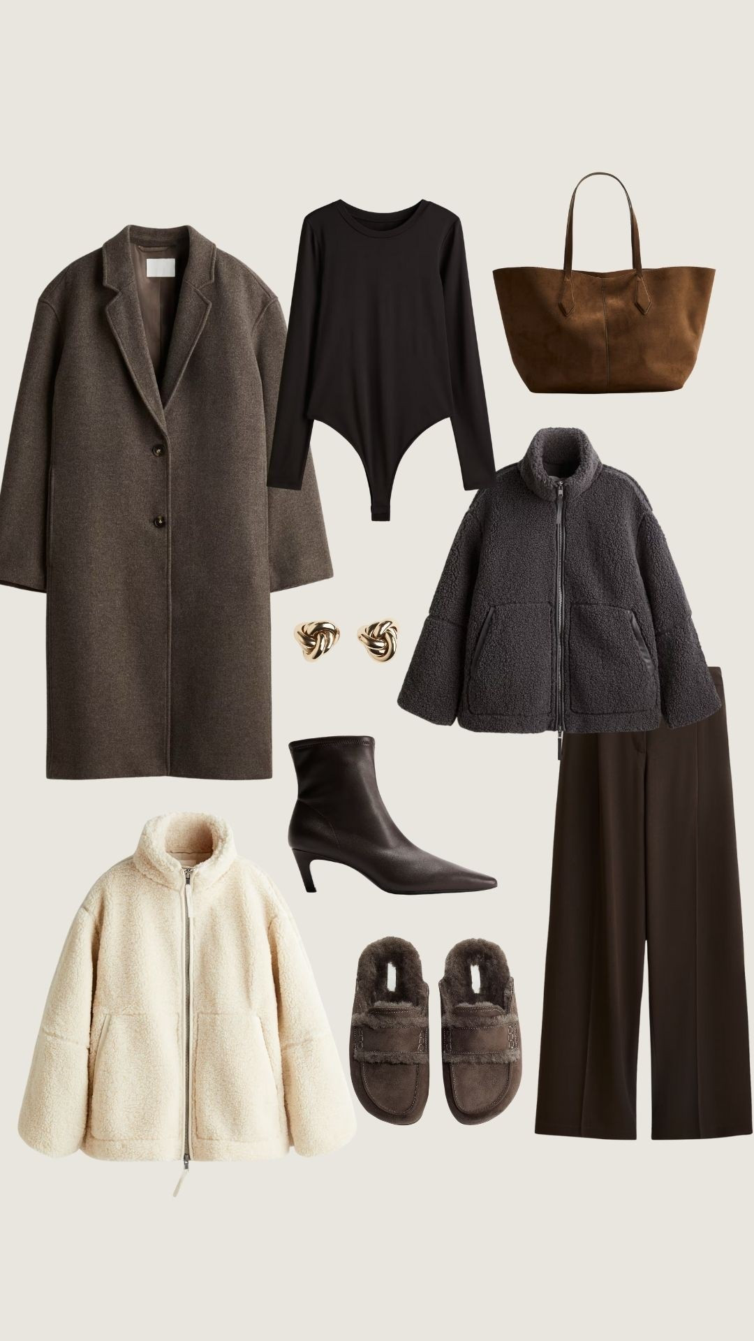 H&M favourites - brown coat , brown boots, shopper bag, Teddy jacket 