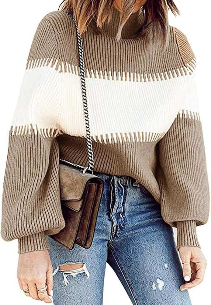 Women Sweater Winter Mock Neck Color Block Long Sleeve Casual Knit Jumper Basic Pullover Sweaters... | Amazon (US)
