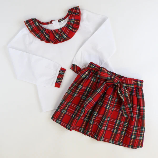 Classic Christmas Plaid Ruffle Blouse & Skirt Set | Southern Smocked Co.