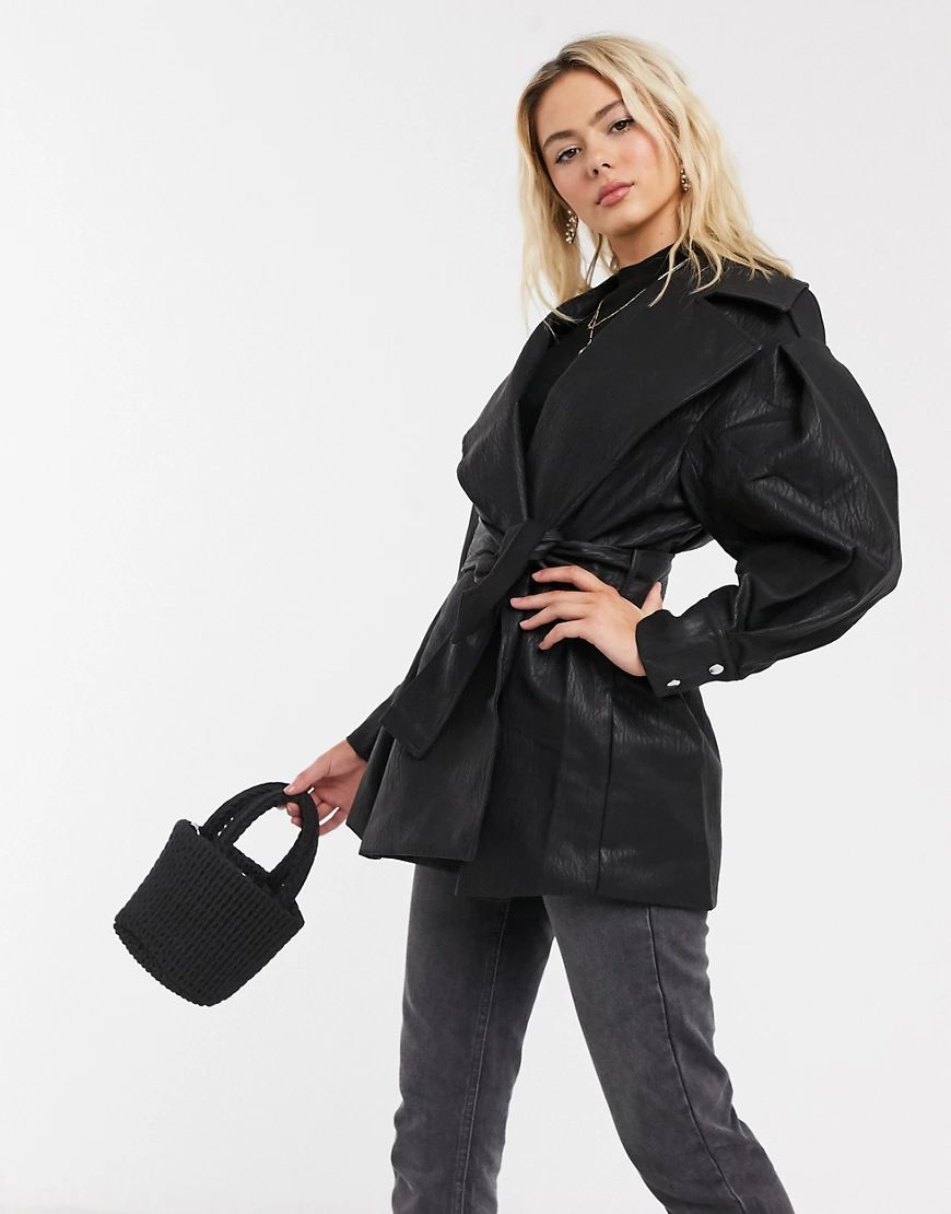 ASOS DESIGN textured belted extreme sleeve leather look jacket in black | ASOS (Global)