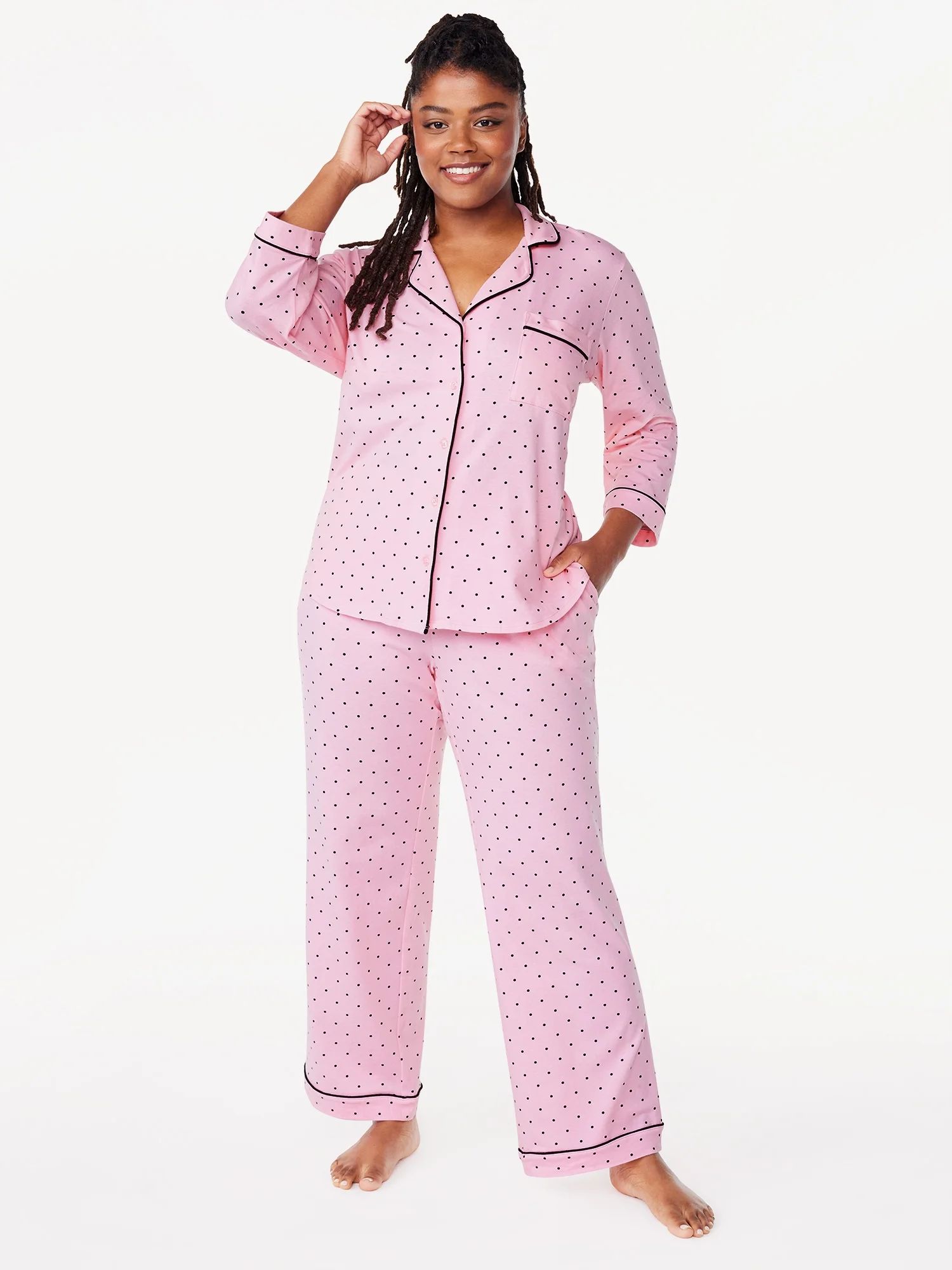 Joyspun Women’s Cotton Blend Notch Collar Top and Pants Pajama Set, 2-Piece, Sizes S to 4X | Walmart (US)