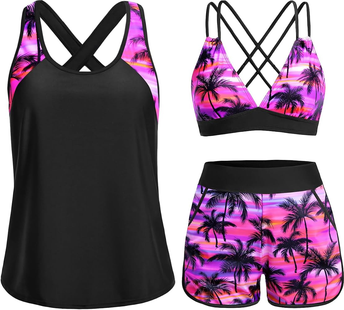Daci Women 3 Piece Tankini Swimsuits - Tummy Control Tank Top with Bra Modest Bathing Suit with P... | Amazon (US)