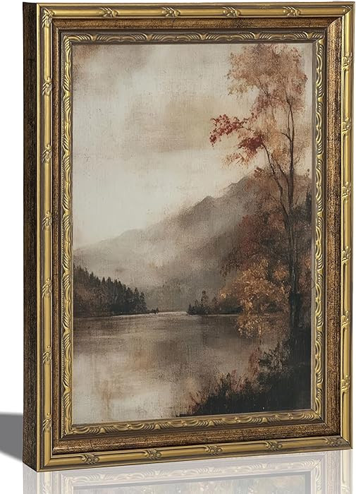 Gold Framed Vintage Fall Landscape Canvas Wall Art, Rustic Moody Lakeside Painting Picture Wall D... | Amazon (US)
