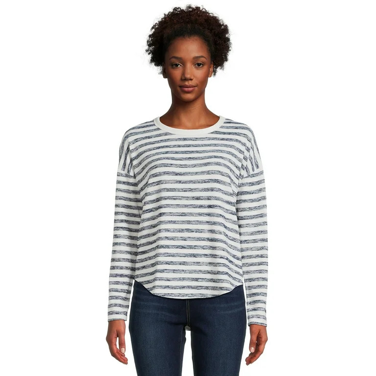 Time and Tru Women's Stripe Hacci Knit T-Shirt with Long Sleeves, Sizes S-XXXL | Walmart (US)