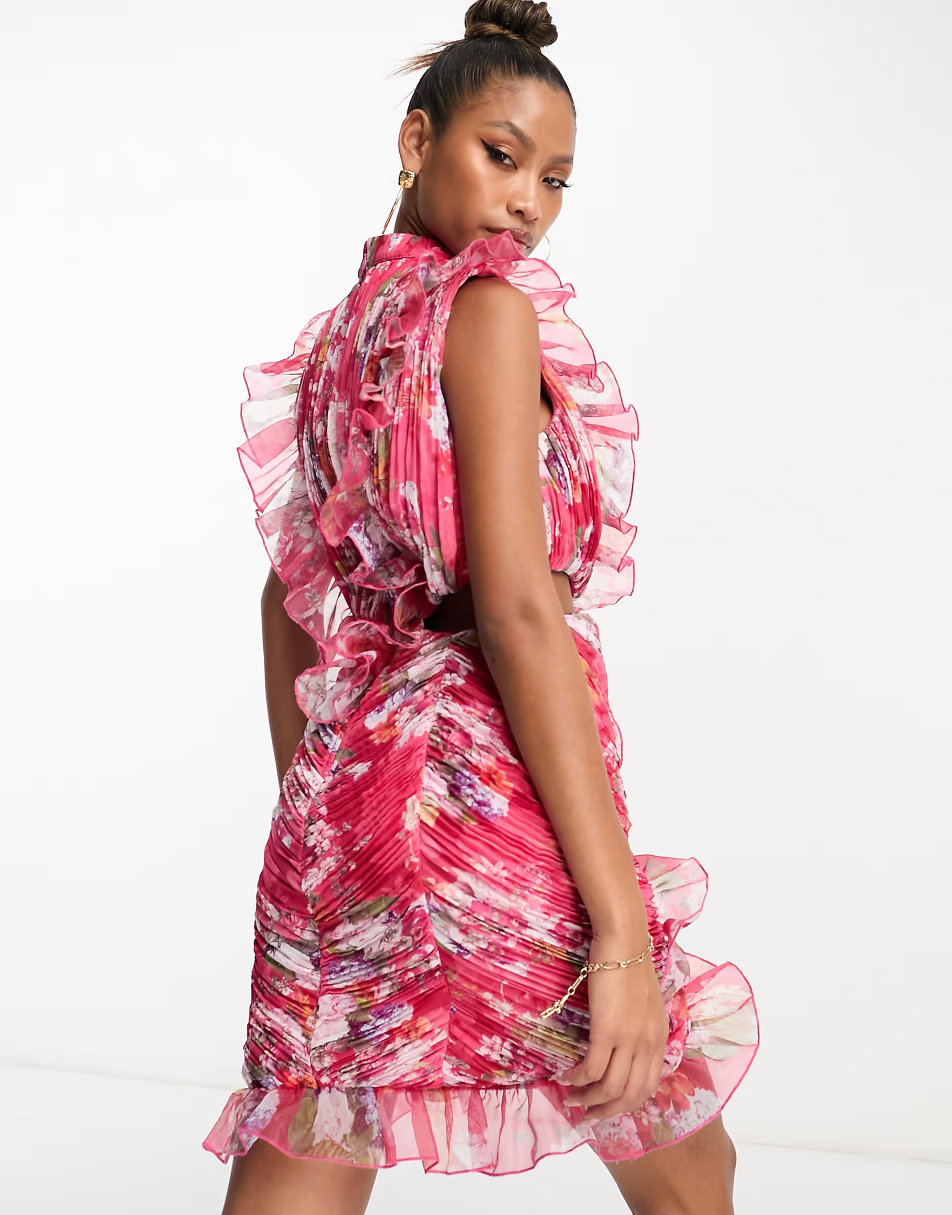 ASOS LUXE high neck ruffle mini dress in ditsy floral | ASOS (Global)