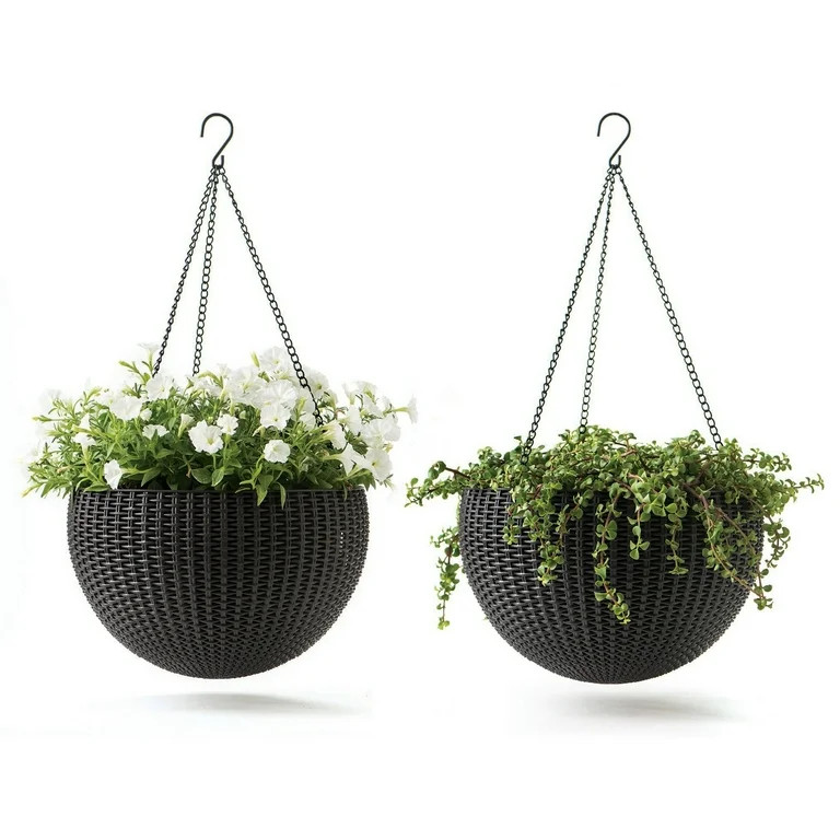 Keter Resin Rattan Set of 2 Round Hanging Planter Baskets for Indoor and Outdoor Plants, Anthraci... | Walmart (US)