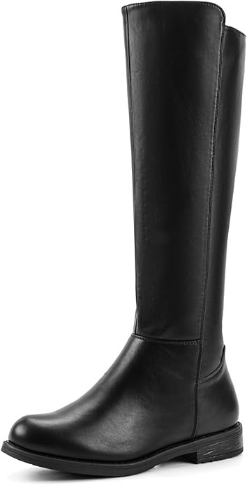Shoe'N Tale Women's Knee High Boots Flat Low Heel Stretchy Round Toe with Side Zipper | Amazon (US)
