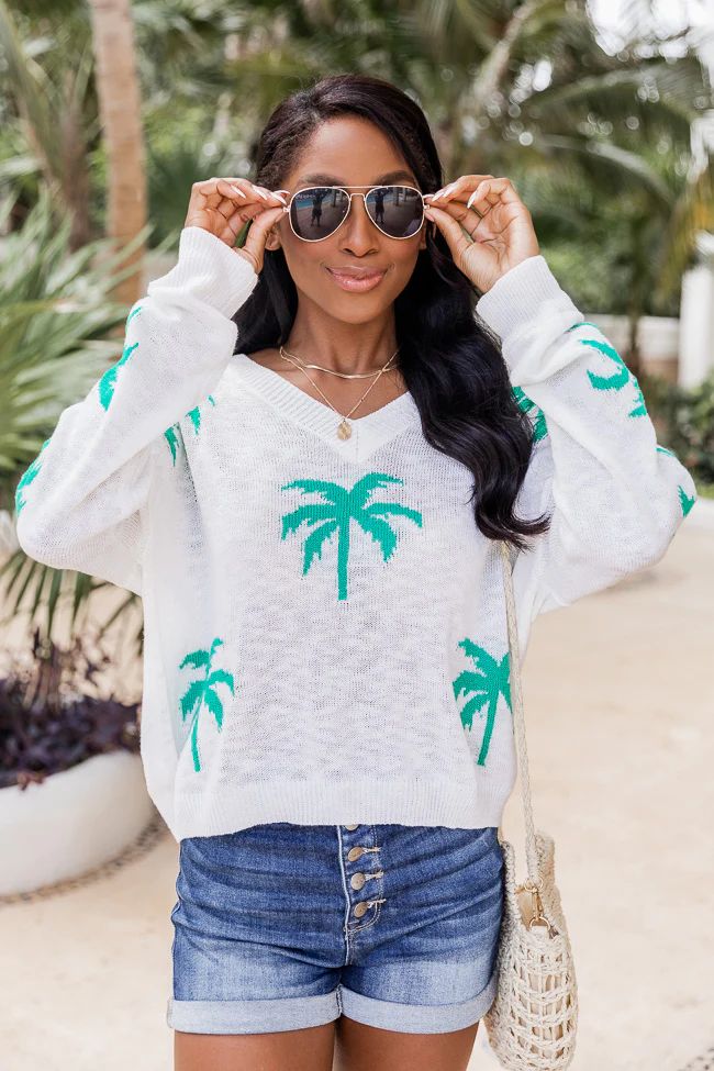 Below The Equator Ivory Palm Print Sweater | The Pink Lily Boutique