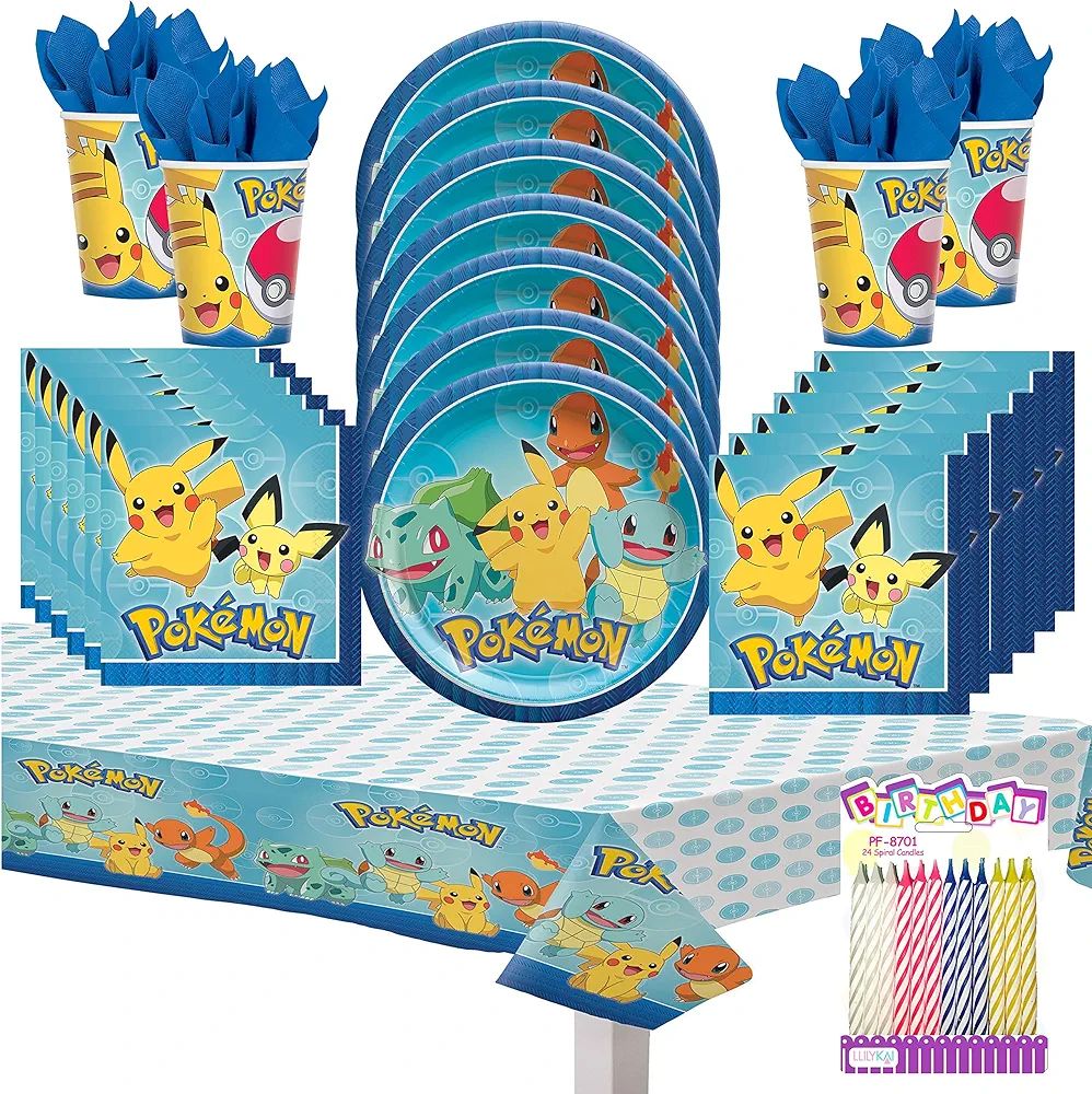 Pokémon Party Supplies Pack Serves 16: Dinner Plates Napkins Cups and Table Cover with Birthday Cand | Amazon (US)