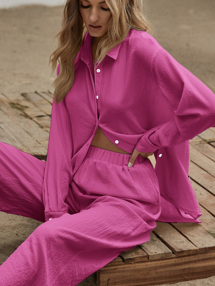 Slit Hem Longline Blouse & Wide Leg Pants Set | SHEIN