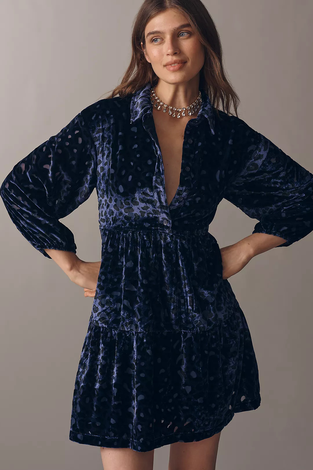 The Bettina Velvet Tiered Mini Shirt Dress by Maeve | Anthropologie (US)
