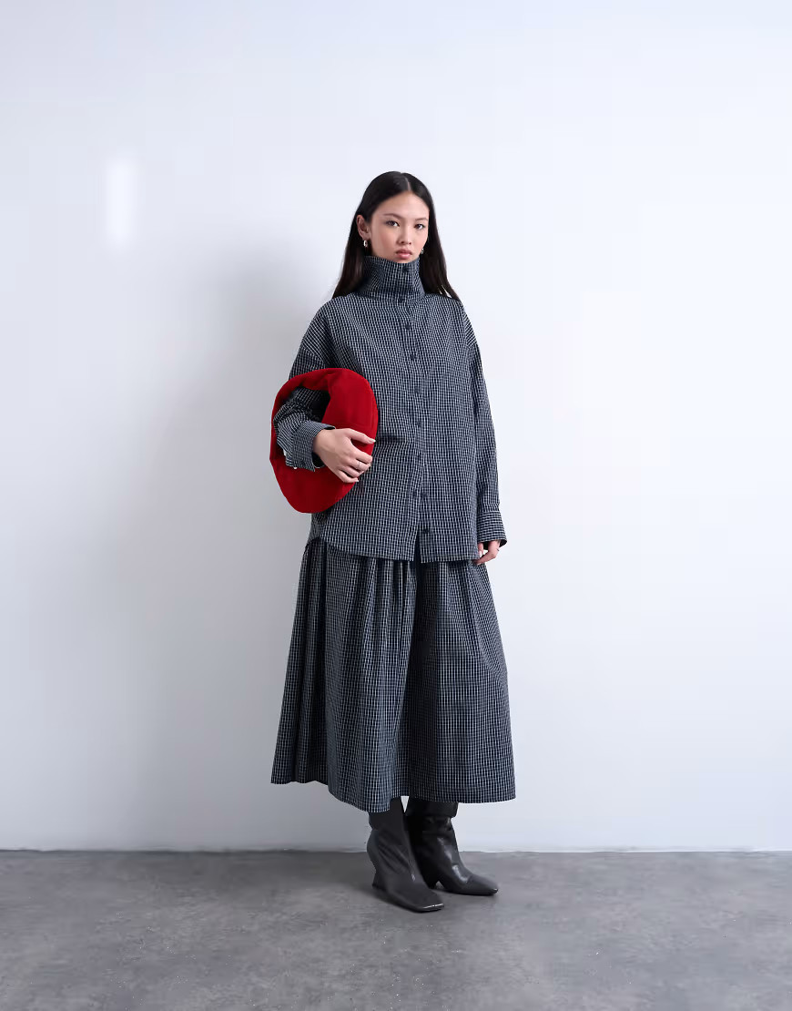 Topshop oversized funnel neck check shirt in navy | ASOS (Global)