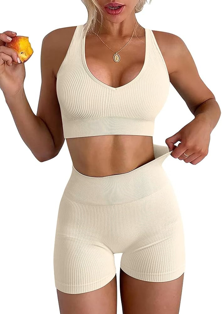 LNSK Women's Yoga 2 Piece Seamless Workout Outfits Running Crop Top Gym High Waist Sport Shorts S... | Amazon (US)