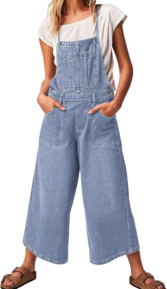 Women's Floral Denim Overalls Adjustable Spaghetti Strap Wide Leg Baggy Crop Jean Bib Jumpsuit Ro... | Amazon (US)