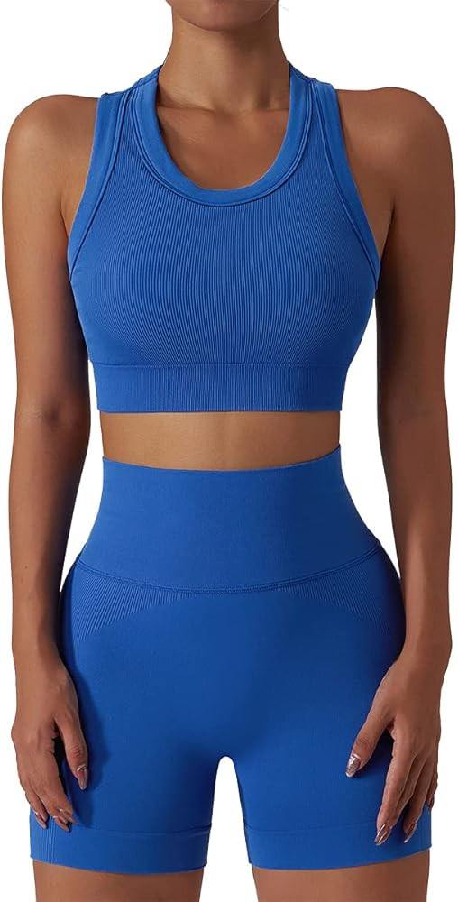ABOCIW Workout Sets for Women 2 Piece Seamless Ribbed Tank Top Sport Bra High Waist Biker Shorts ... | Amazon (US)