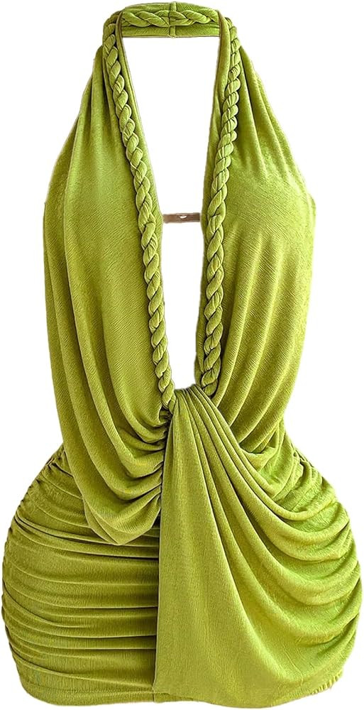 GORGLITTER Women's Boho Halter Mini Dress Ruched Wrap Rope Plunge Neck Backless Sexy Summer Beach... | Amazon (US)