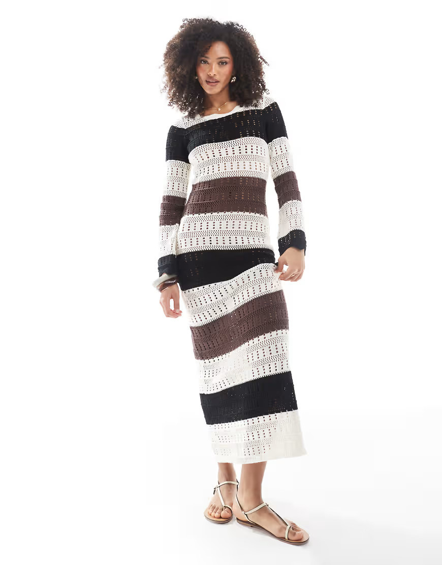The Frolic exclusive long sleeve crochet maxi beach dress in tonal stripe-Brown | ASOS (Global)