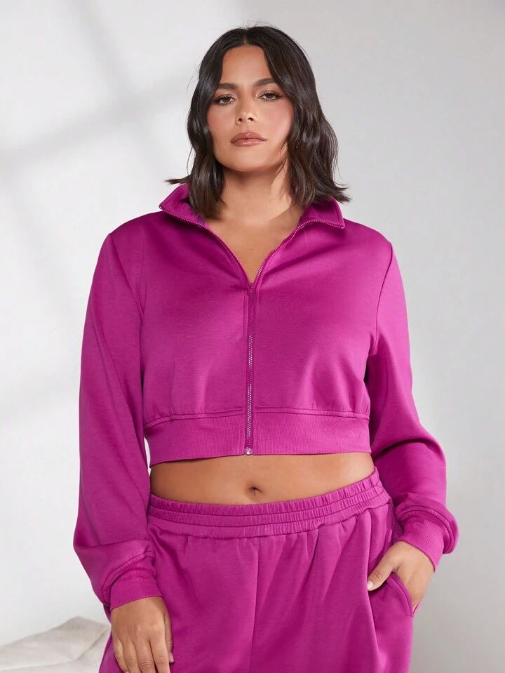 SHEIN BASICS Plus Spacer Fabric Zip Up Crop Sweatshirt | SHEIN