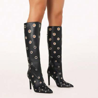 Women's Metal Round Hole Silver Eyelet Knee High Boots Punk Fashion Pointed Toe Stiletto Thin High Heels Back Zipper Black Boots Woman | SHEIN