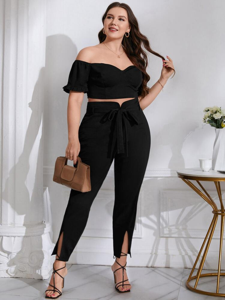 SHEIN Plus Off Shoulder Crop Top & Split Hem Belted Pants
       
              
              $2... | SHEIN