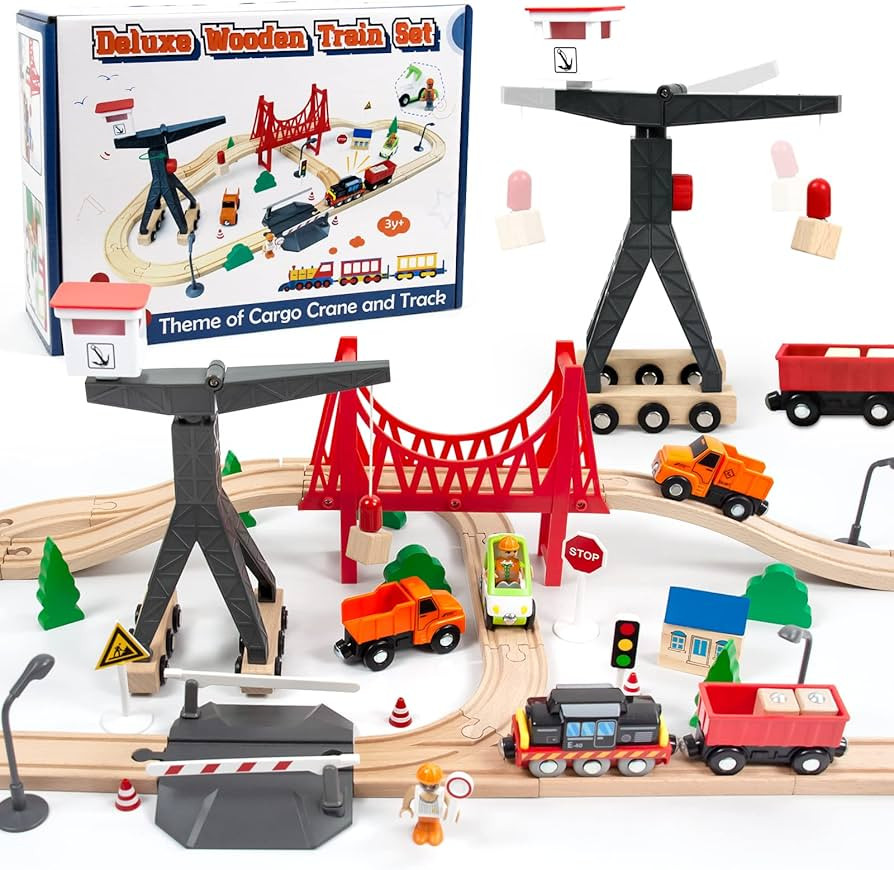 Wooden Train Set, 56-Piece Deluxe Kids Toy Train Set for 2 3 4 5 Year Old Boy, Cargo-Themed Train... | Amazon (CA)