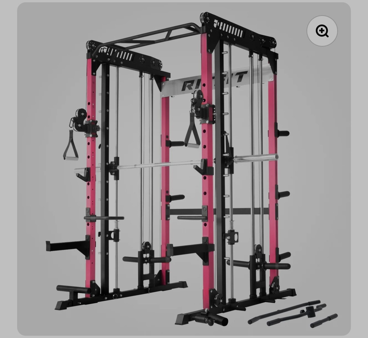 Pink Ritfit M1 Pro multifunction smith machine with cable crossover system and squat rack for home gym.