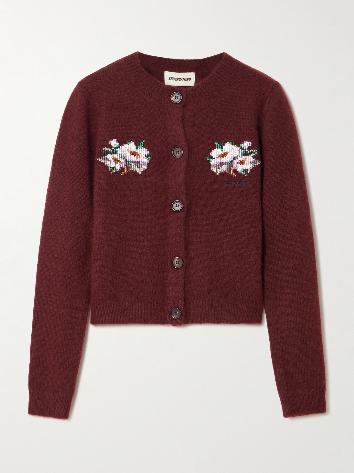 SHUSHU/TONG - Cropped Embroidered Bead-embellished Cashmere Cardigan - Burgundy | NET-A-PORTER (US)