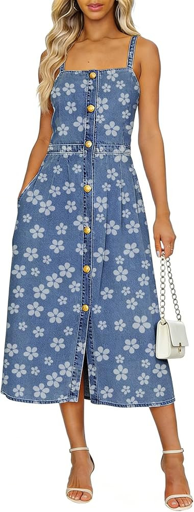 ebossy Women's Back Smocked Floral Jean Dress Sleeveless Button Down Slim Long Denim Dress with P... | Amazon (US)