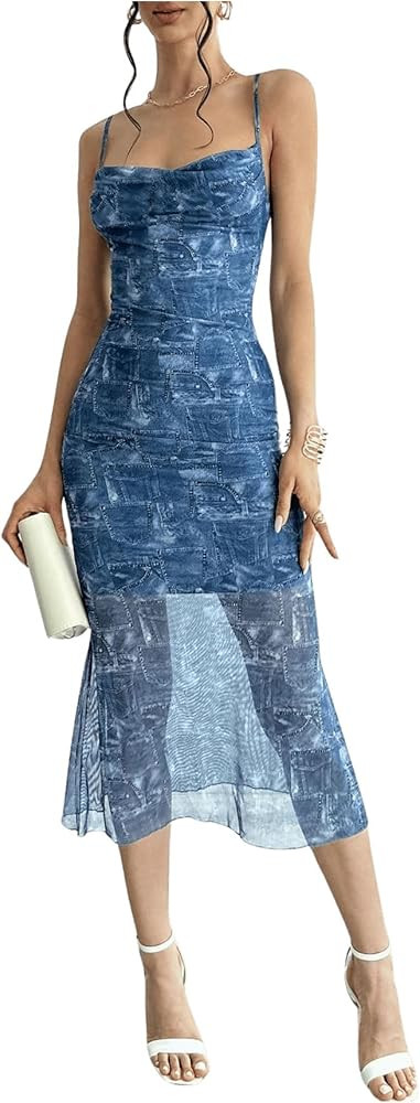 GORGLITTER Women's Floral Ruched Bodycon Midi Dress Mesh Fishtail Summer Wedding Guest Cocktail G... | Amazon (US)