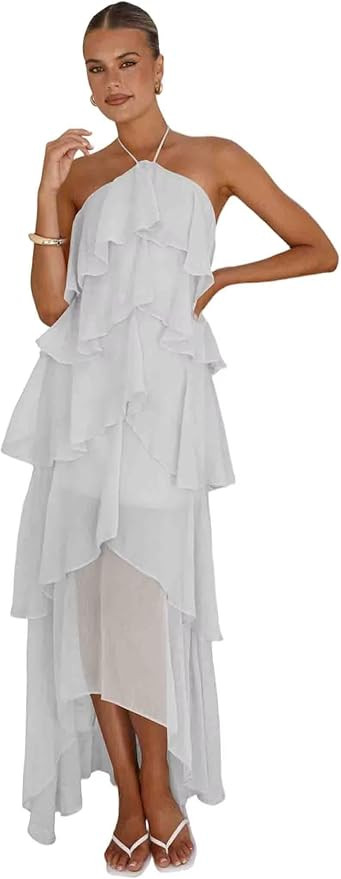 Halter Bridesmaid Dress Long Tiered Chiffon Maxi Dress A Line Beach Formal Prom Party Dress LE024 | Amazon (US)