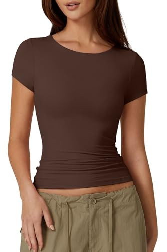 QINSEN Women's Crew Neck Short Sleeve Tees Double Lined Slim Fit T Shirt Basic Y2K Tops | Amazon (US)