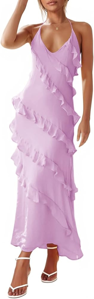 Wenrine Womens Sexy Chiffon Halter Maxi Dress Sleeveless Backless Ruffle Tassel Party Club Dresse... | Amazon (US)