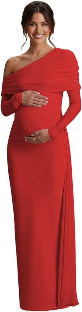 One Shoulder Maternity Dress for Photoshoot Satin Long Sleeve Pregnant Gown Mermaid Ruched Baby S... | Amazon (US)
