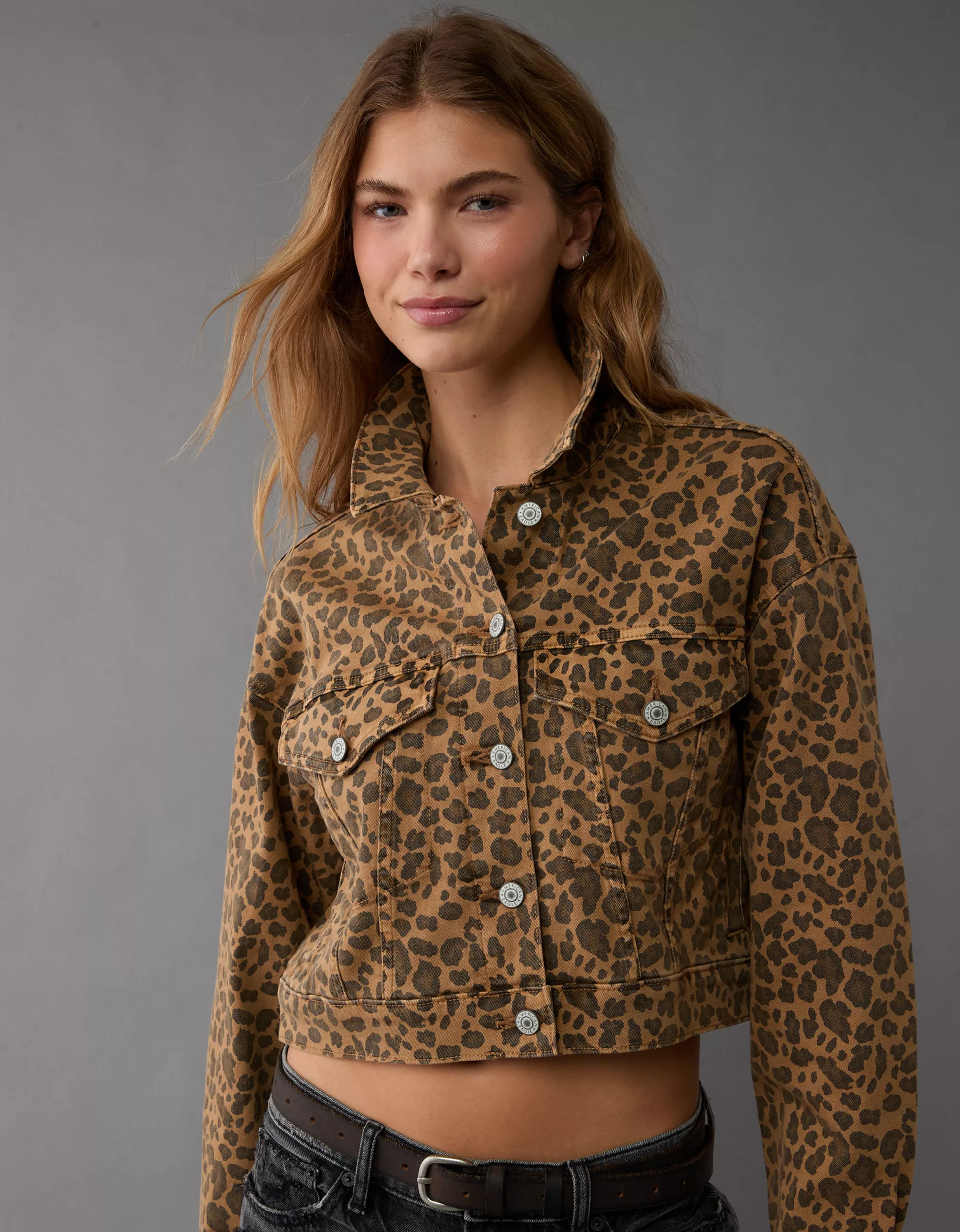 AE Cropped Leopard Denim Jacket | American Eagle Outfitters (US & CA)