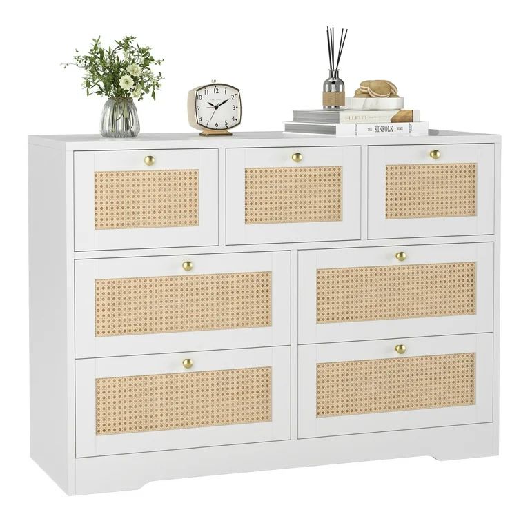 Homfa Rattan Dresser, White 7 Drawer Double Dresser, Modern Wicker Chest for Bedroom | Walmart (US)