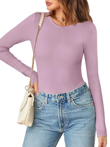 MEROKEETY Women's Long Sleeve Ribbed Bodysuits Crew Neck Slim Body Suits 2025 Knit Sweater Tops, Taro, Medium | Amazon (US)