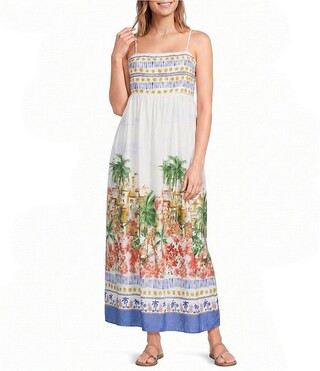 Petite Size Tropical Border Printed Square Neck Sleeveless Maxi Dress | Dillard's