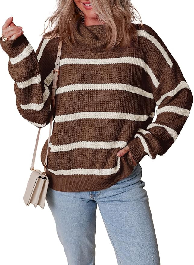 Dokotoo Sweaters for Women Casual Long Sleeve Turtleneck Knit Striped Color Block Loose Pullover ... | Amazon (US)