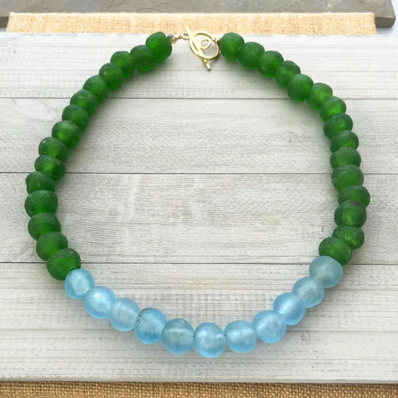 Recycled Glass Bead Necklace: Green & Blue Ghana Beads - Etsy | Etsy (Global)