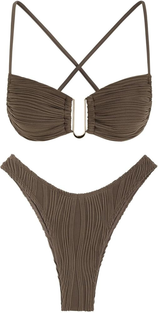 ZAFUL Women's Textured Underwire Bikini Set V Notch High Cut Swimwear Tie Side Ribbed Sexy Swimsu... | Amazon (US)